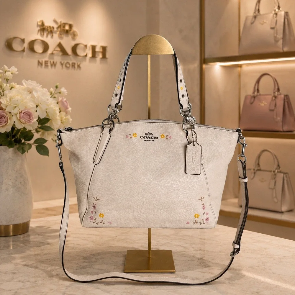 Coach Kelsey Satchel White Floral Embroidered Pebble Leather Bag F24599 - Picture 1 of 16